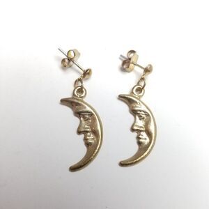 Vintage Dangle Crescent Moon Shaped Earrings, Gold Tone Drops, Estate